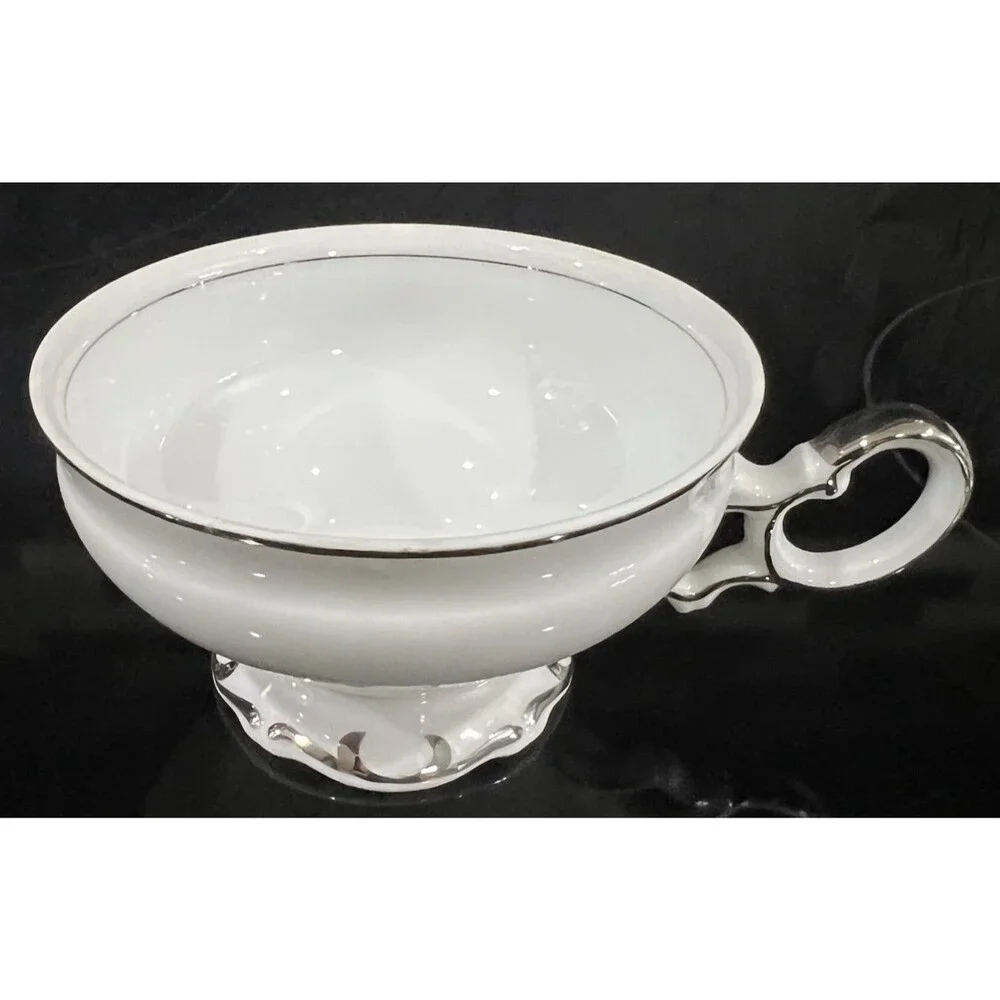 Set of 3 Mikasa Marlboro Footed Tea Cups 9267 Platinum Trim White Fine China